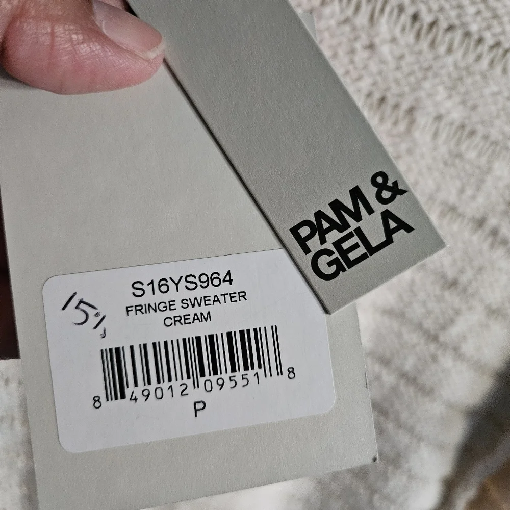 Pam & Gela Cream Fringe Open Back Sweater NWT